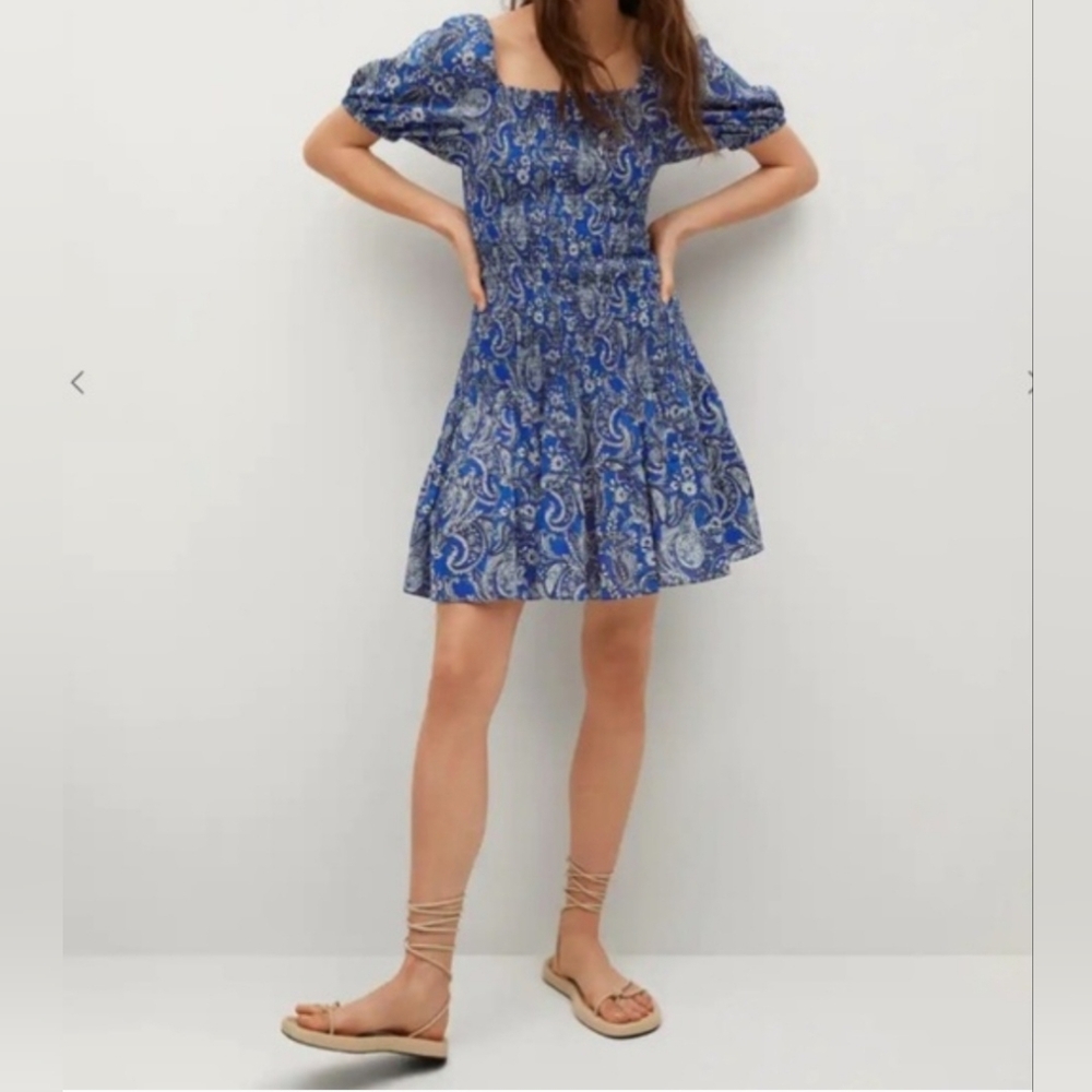 MNG Blue Paisley Square-Neck Dress